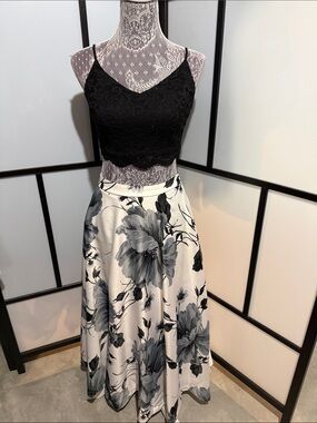 Black Lace Crop Top with White and Gray Floral Midi Skirt
